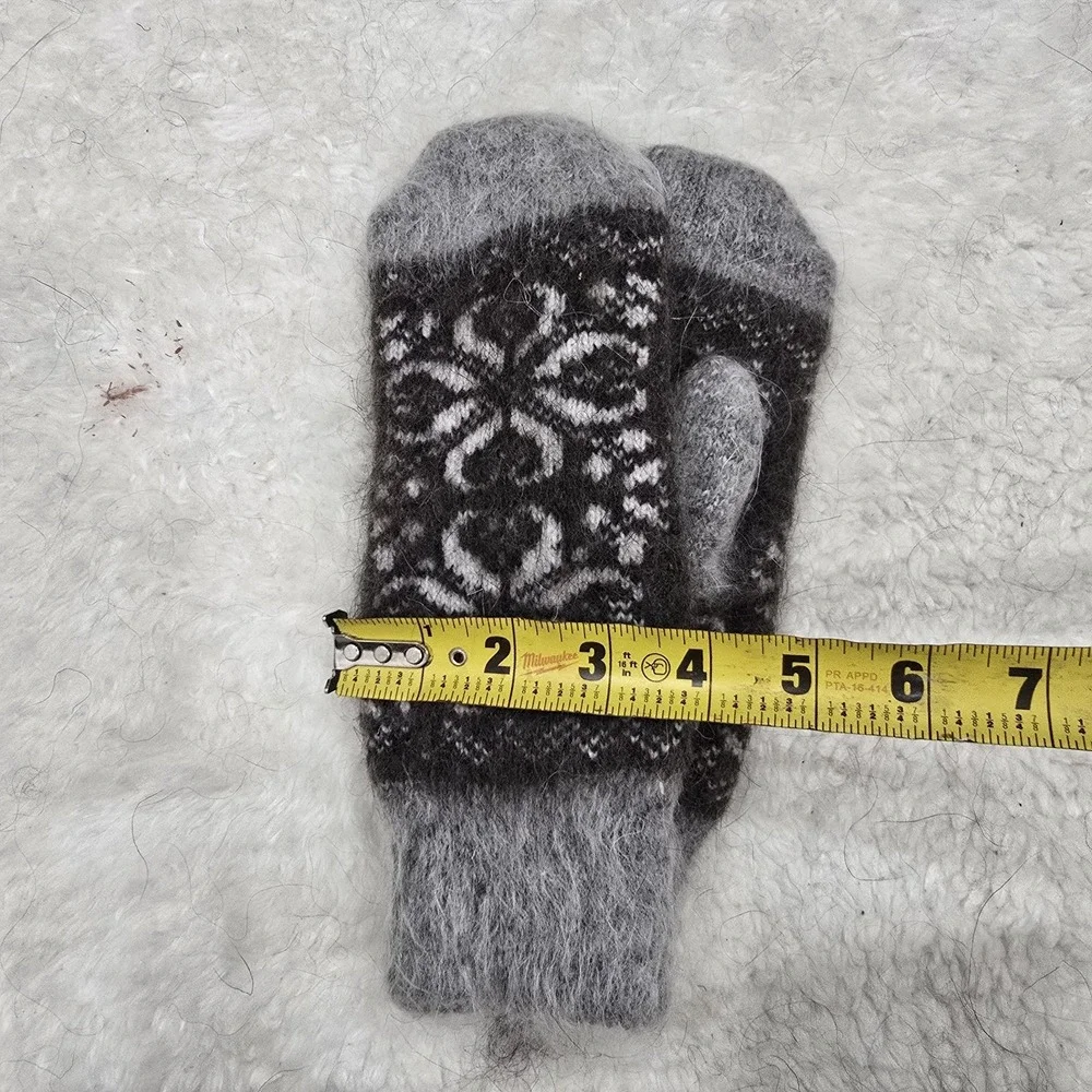 Handmade Goat Down Mittens Grey Brown Flower Pattern‎ Winter Warm Hand Knitted